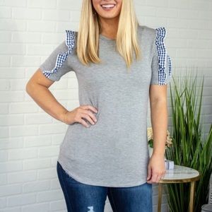Boutique: Gray Tee with Gingham Ruffle Sleeves